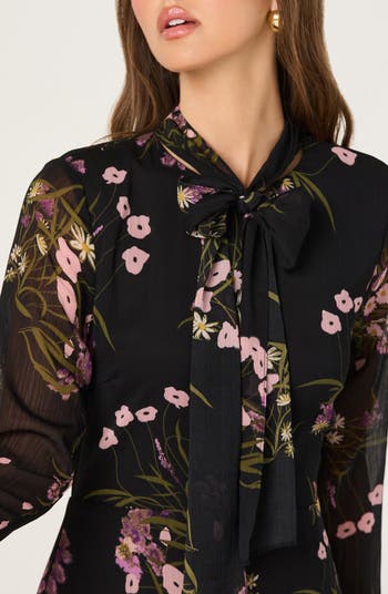 Floral Tie Neck Long Sleeve Dress