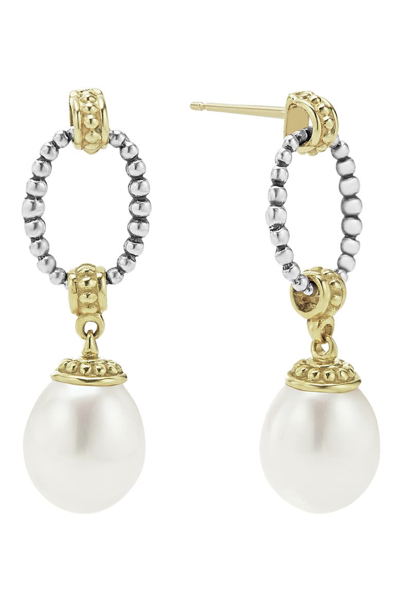Luna Freshwater Pearl Drop Frontal Hoop Earrings, Alternate, color, GOLD