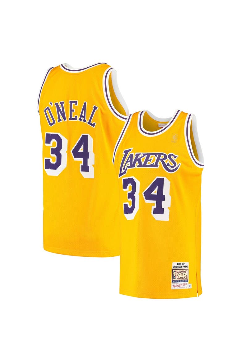 Men's Mitchell & Ness Shaquille O'Neal Gold Los Angeles Lakers 1996/97 Hardwood Classics Authentic Jersey, Main, color, Gold