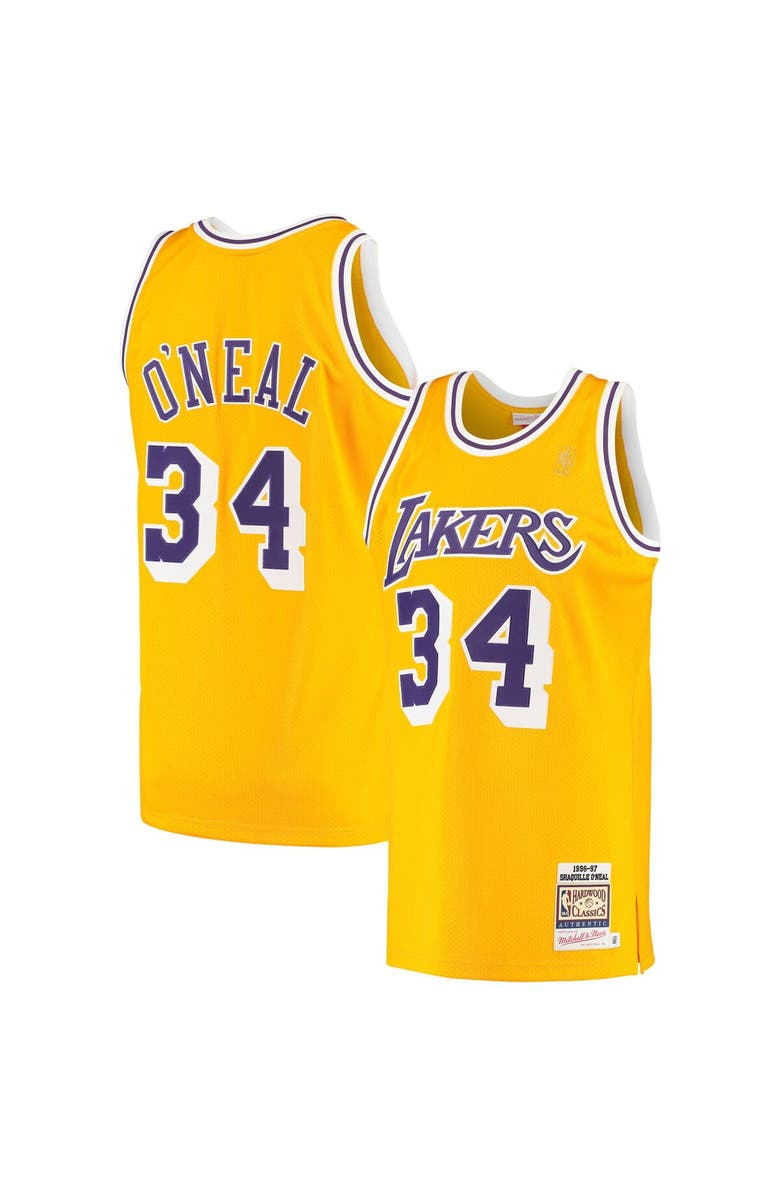 Mitchell & Ness Men's Mitchell & Ness Shaquille O'Neal Gold Los Angeles Lakers 1996/97 Hardwood Classics Authentic Jersey, Main, color, Gold