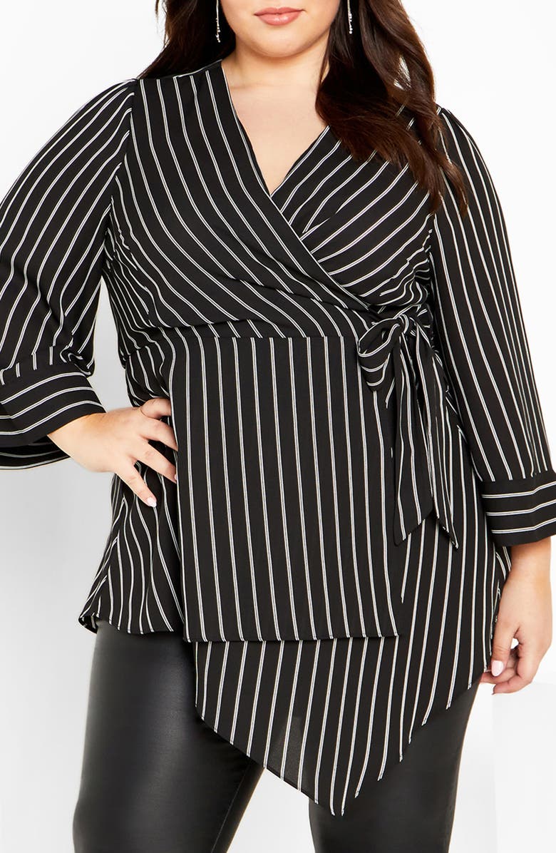 City Chic Jemma Leopard Print Wrap Tunic Top, Main, color, Stripe