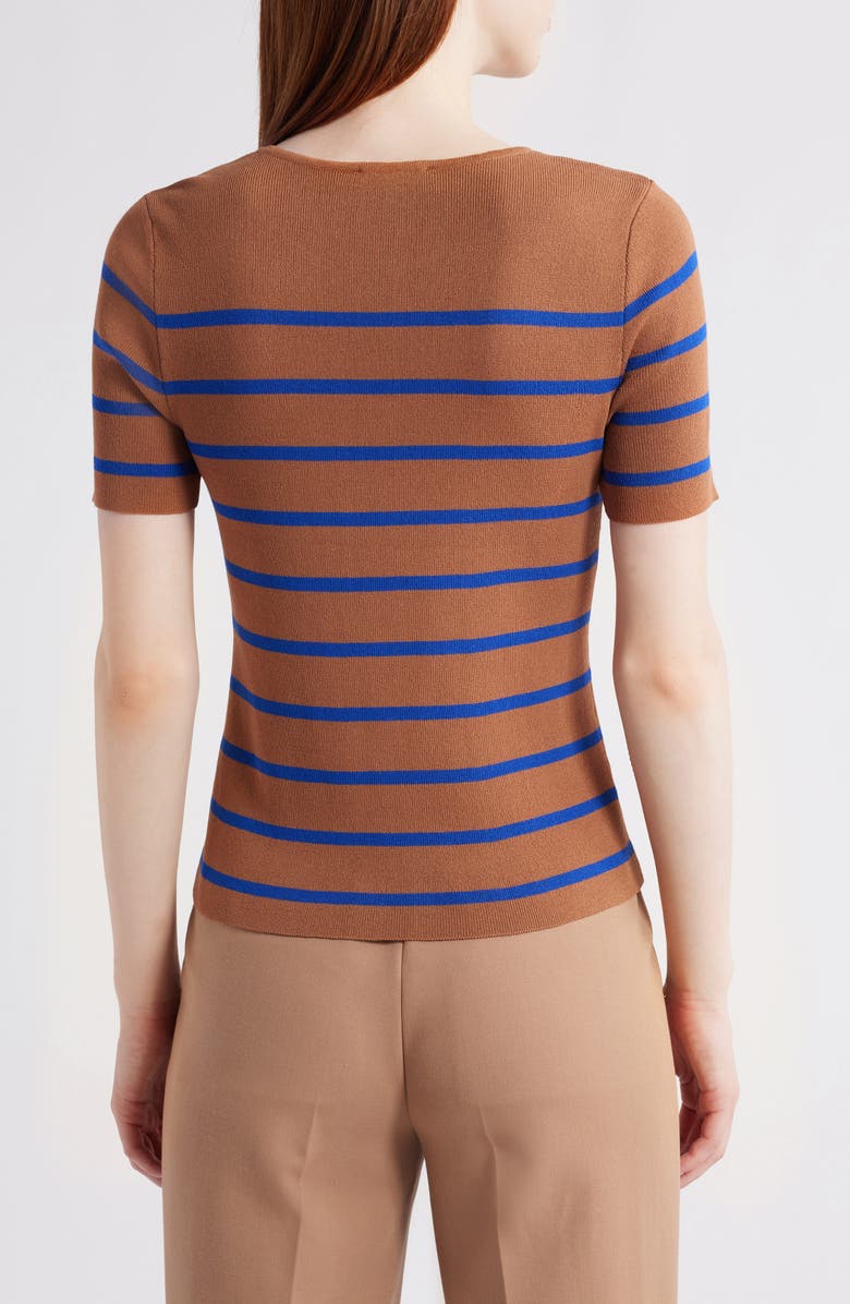 Tahari ASL Stripe Short Sleeve Sweater, Alternate, color, Camel New Royal