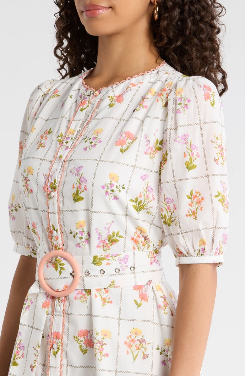 SUGARLIPS Diane Floral Redna Belted Cotton Button-Up Minidress, Alternate, color, Coral-Multi