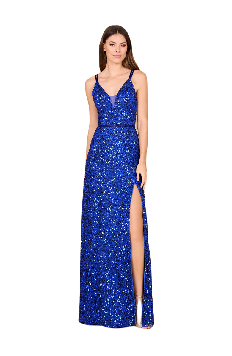 LARA New York Beaded Cap Sleeve Dress with High Slit, Main, color, Sapphire