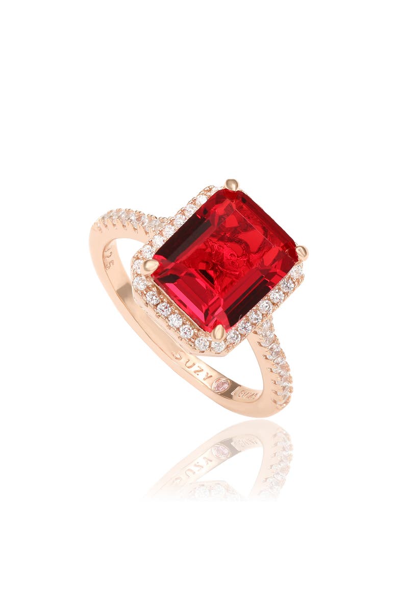 14K Rose Gold Plated Sterling Silver Red & White Cubic Zirconia Halo Bridal Ring, Main, color, RED