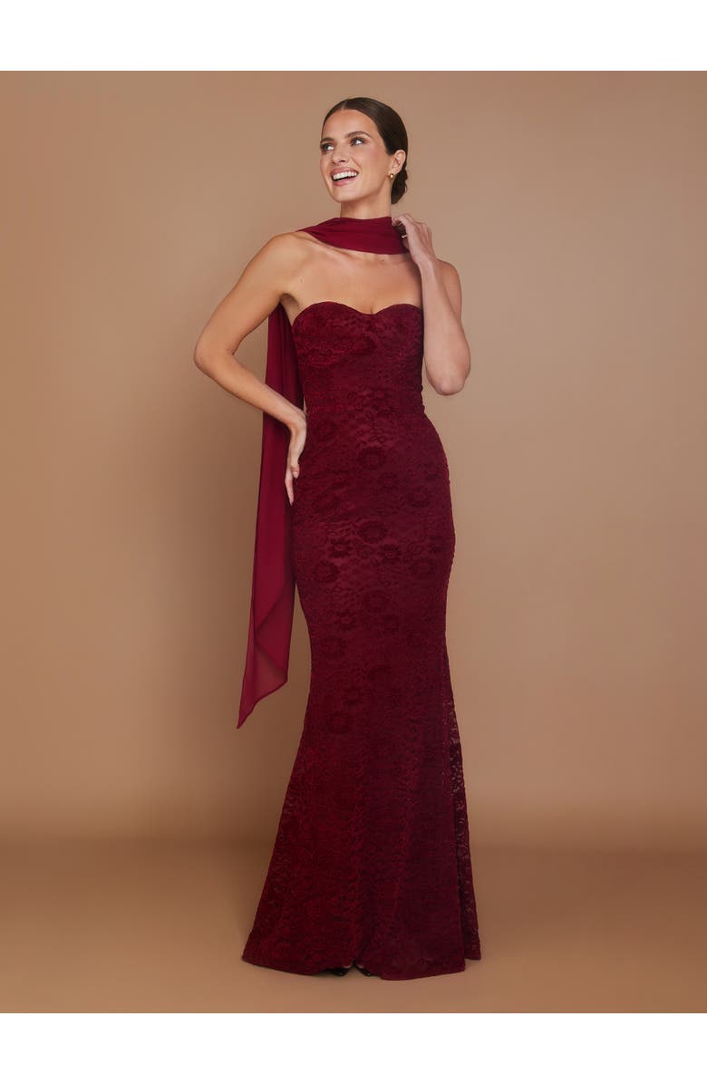 Six Stories Velvet Lace Corset Bandeau Maxi Dress, Alternate, color, Wine