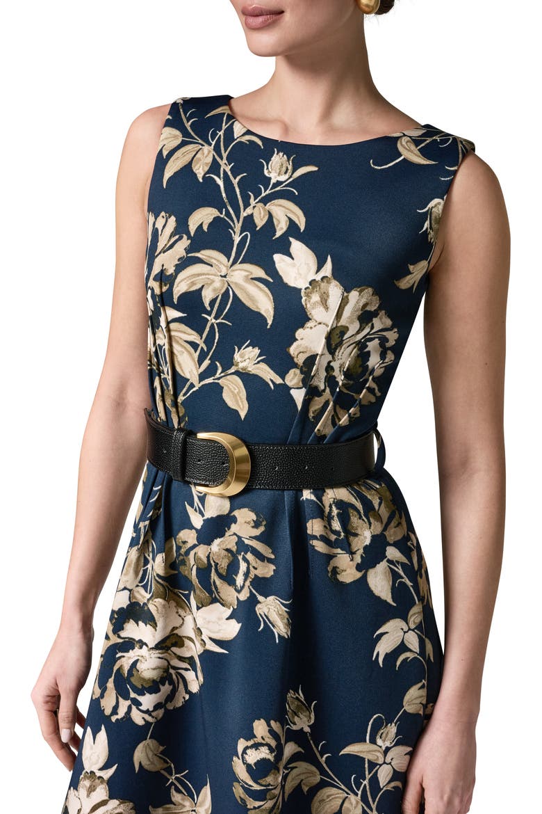 Floral Belted Stretch Fit & Flare Midi Dress, Alternate, color, NIGHT SKY