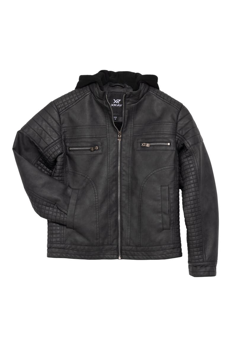 Kids' Hooded Faux Leather Moto Jacket, Main, color, STEEL