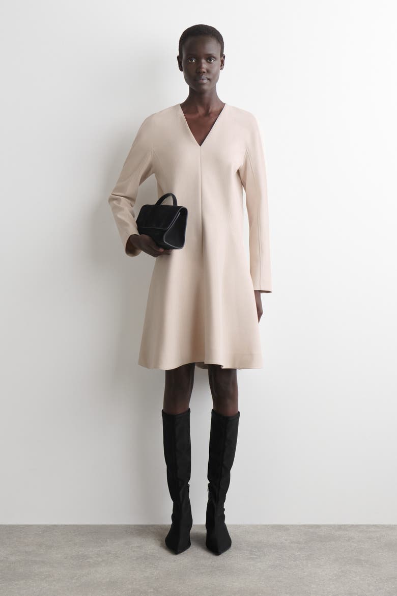 Tailored V-Neck Mini Dress, Main, color, BEIGE