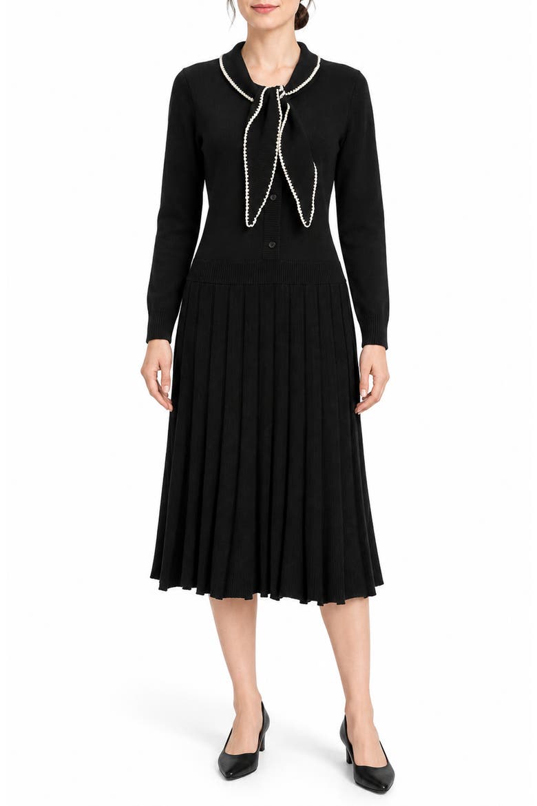 Tipped Tie Neck Long Sleeve Sweater Dress, Main, color, VERY BLACK / WHITE