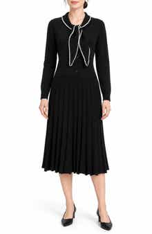 Tipped Tie Neck Long Sleeve Sweater Dress