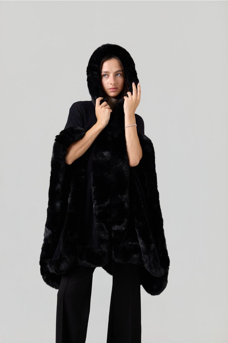 Hodded Faux Fur Long Cape, Alternate, color, Black
