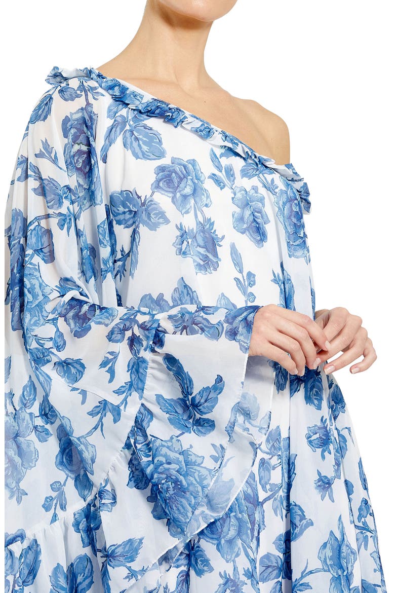 Floral Cape Overlay One-Shoulder Midi Shift Dress, Alternate, color, WHITE MULTI
