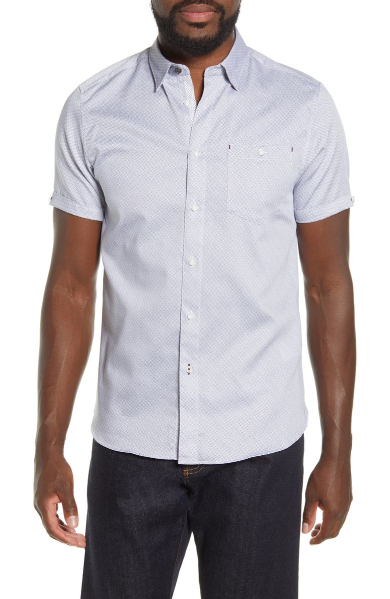 Ted Baker London Slim Fit Geo Print Short Sleeve Button-Up Shirt, Main, color, 