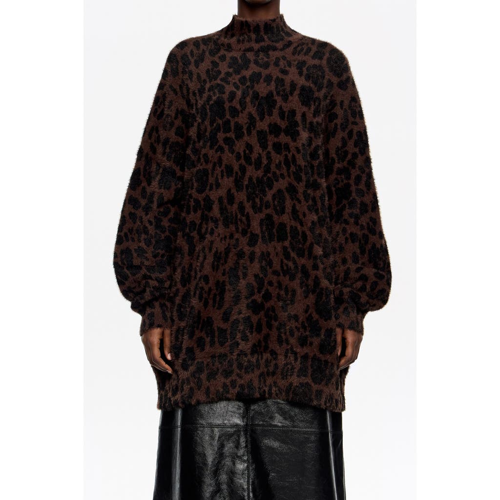 Bimba Y Lola Leopard Big Fur High Neck Sweater In Brown