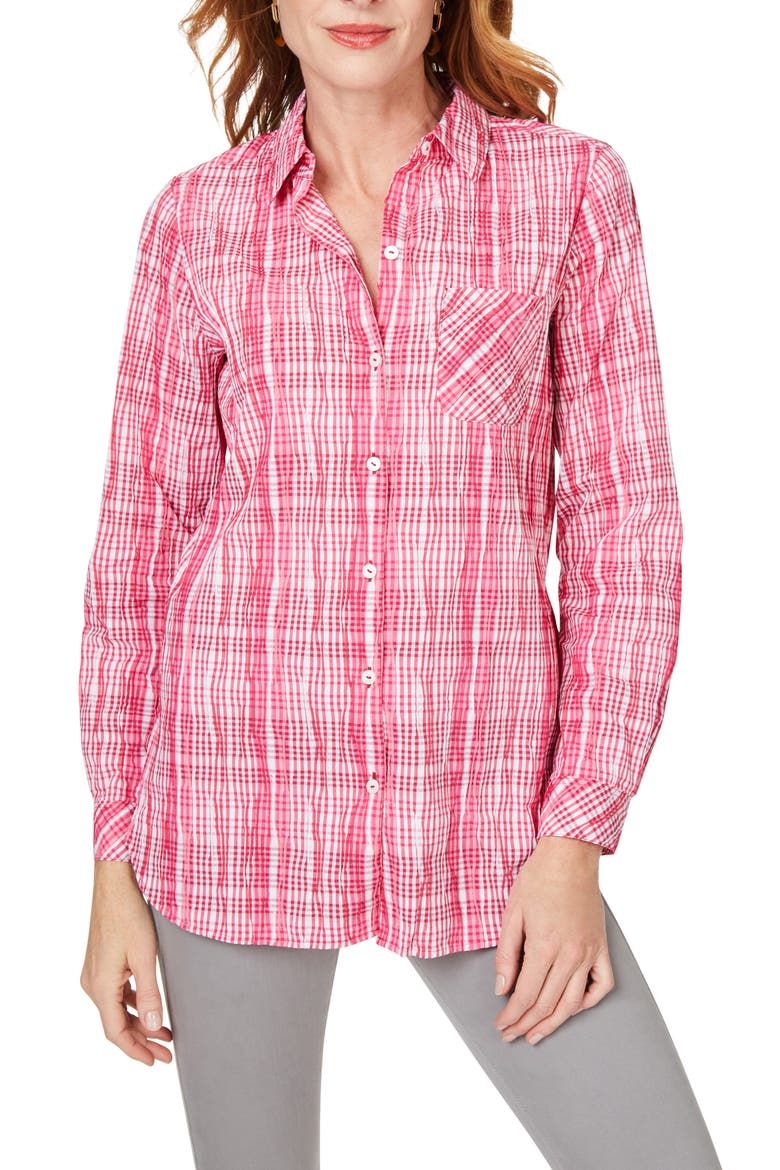 Germaine Plaid Non-Iron Button-Up Tunic Shirt, Main, color, ROSE RED