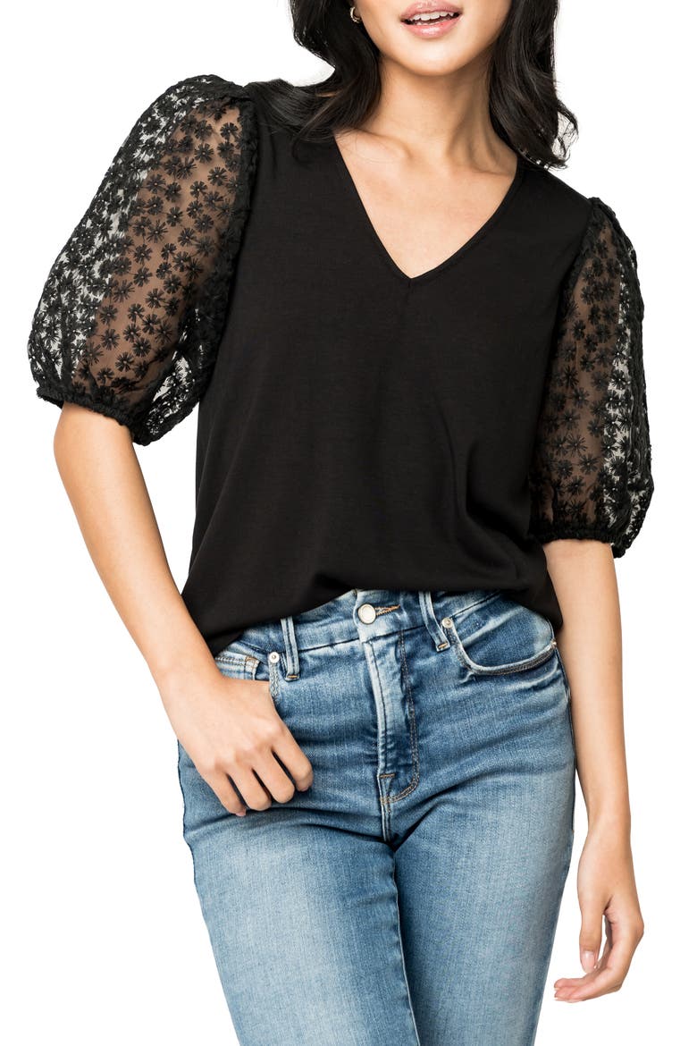 Megan Mixed Media Top, Main, color, BLACK