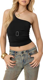 EDIKTED Belted One-Shoulder Crop Top