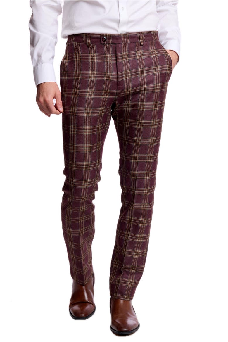 Downing Slim Fit Check Dress Pants, Alternate, color, BURGUNDY TAN CHECK