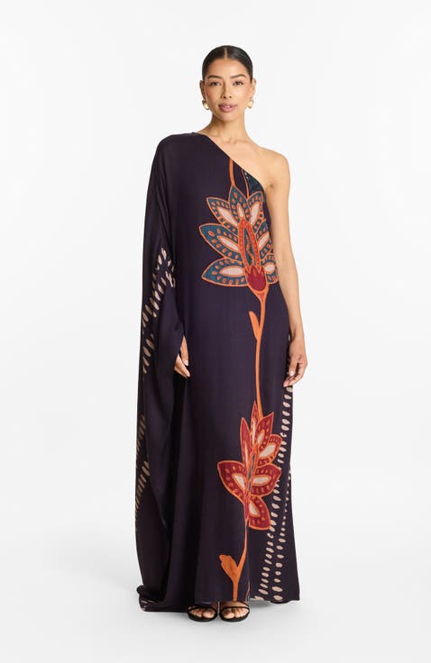 Handbeaded Satu FSC® Certified Viscose One Shoulder Gown Razu Navy