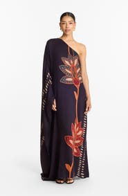 DIARRABLU Handbeaded Satu FSC® Certified Viscose One Shoulder Gown Razu Navy