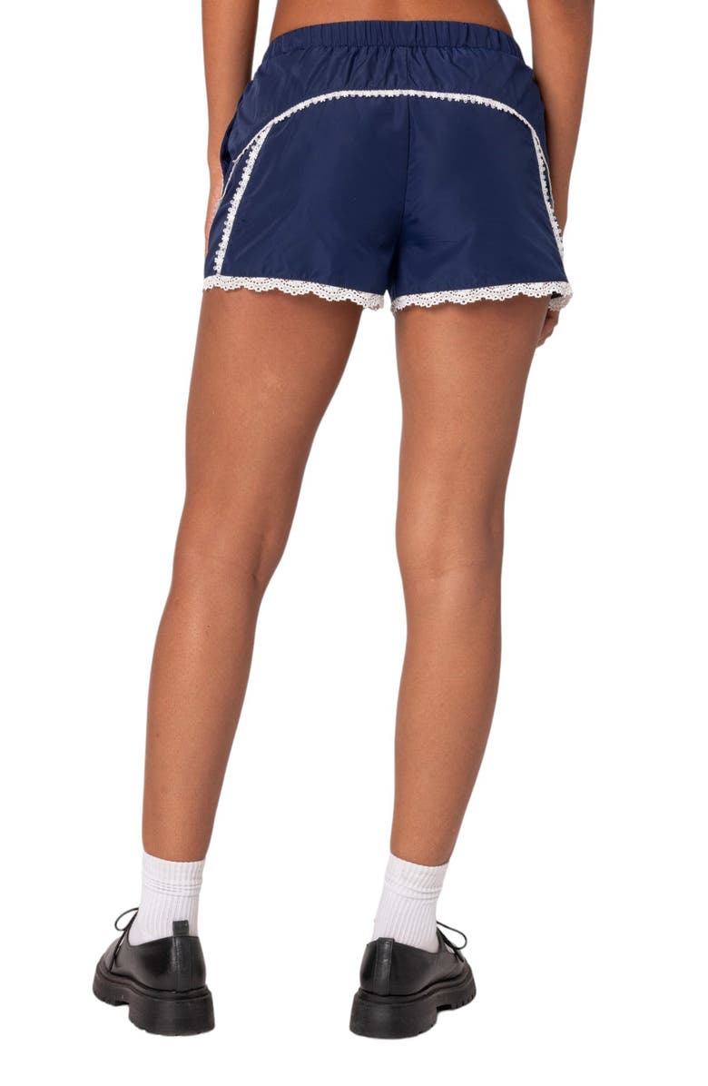 EDIKTED Kallie Lace Trim Track Shorts, Alternate, color, Navy