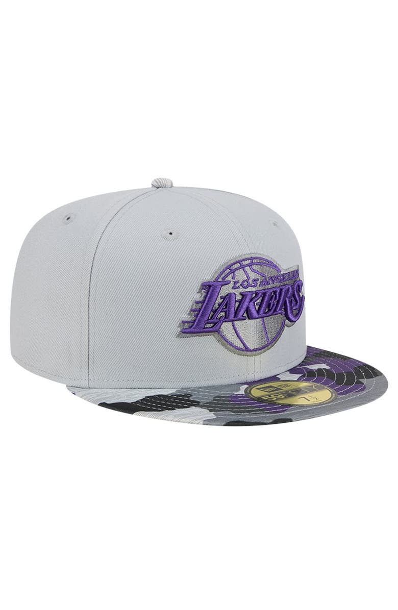 New Era Men's New Era Gray Los Angeles Lakers Active Color Camo Visor 59FIFTY Fitted Hat, Alternate, color, 