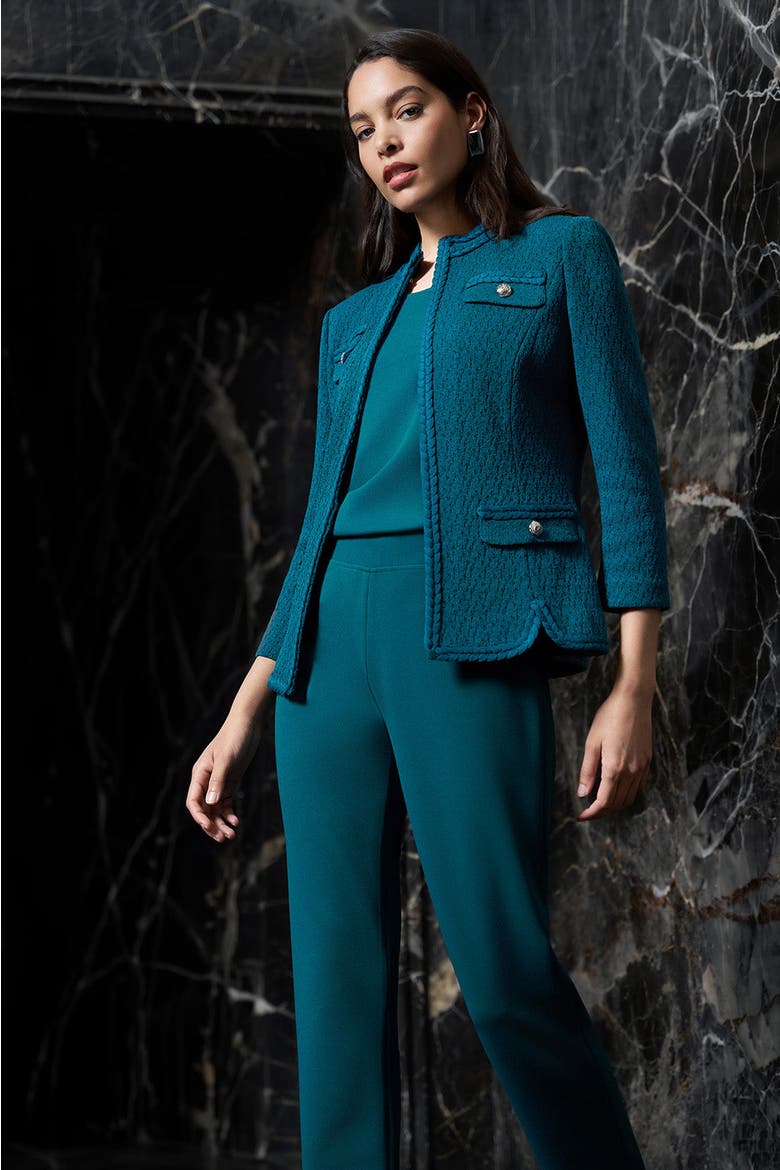 Braided Trim Pointelle Knit Jacket, Alternate, color, Deep Teal