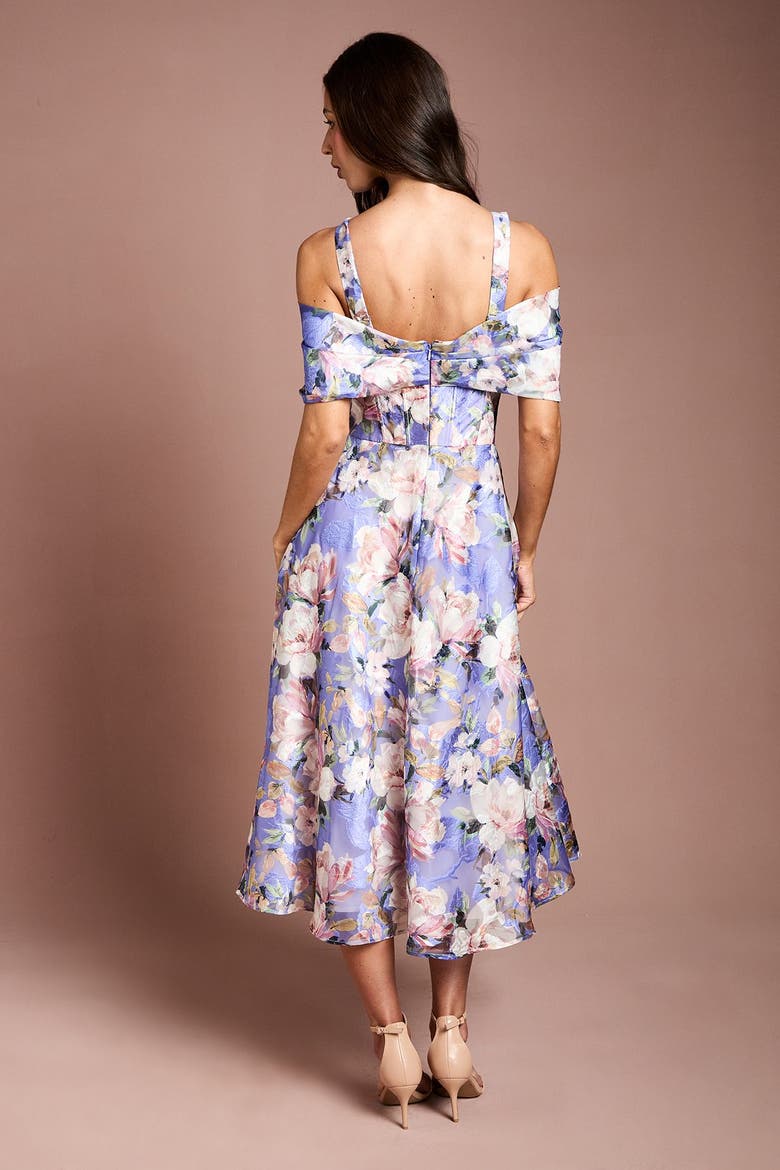 Corseted Bardot Jacquard Midi Dress, Alternate, color, Purple