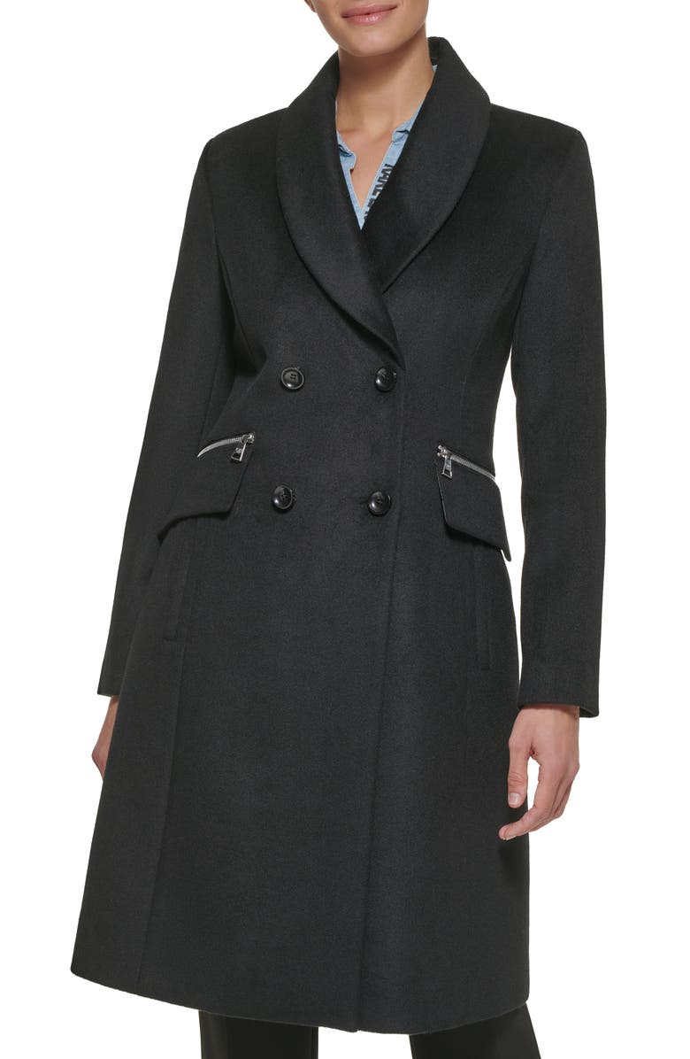 KARL LAGERFELD PARIS Shawl Collar Double Breasted Wool Blend Coat, Main, color,