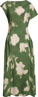 Lela Rose Abstract Floral Draped Crepe A-Line Midi Dress