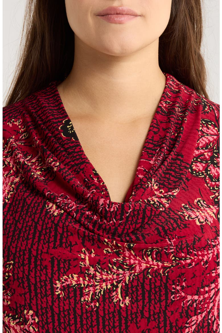 Floral Cowl Neck Cap Sleeve Top, Alternate, color, RED/ BLACK MULTI