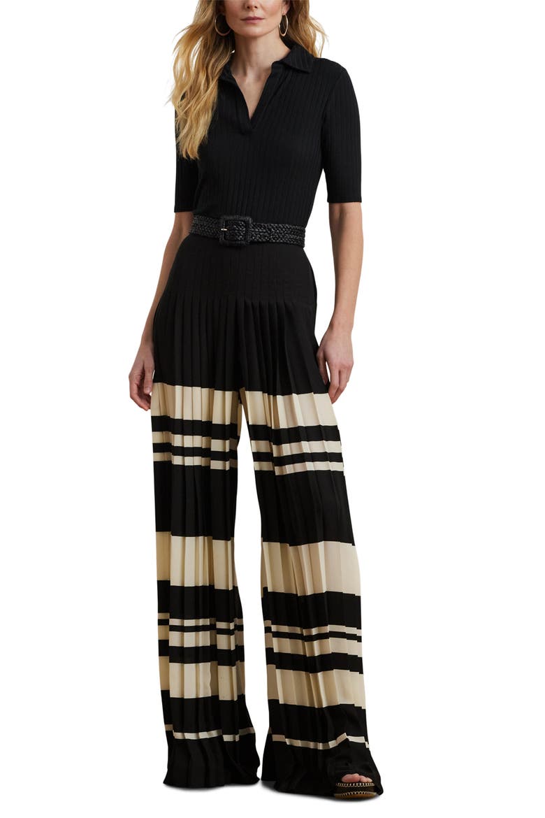 Pleated Stripe Georgette Wide Leg Pants, Alternate, color, CREAM/BLACK