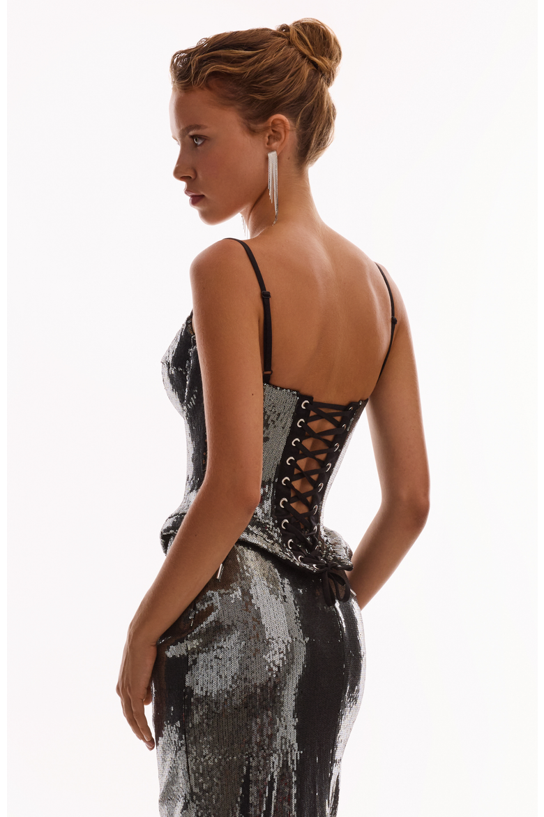 Fitted Hourglass Spaghetti Strap Sequined Corset for Cocktail Events, Alternate, color, Gray