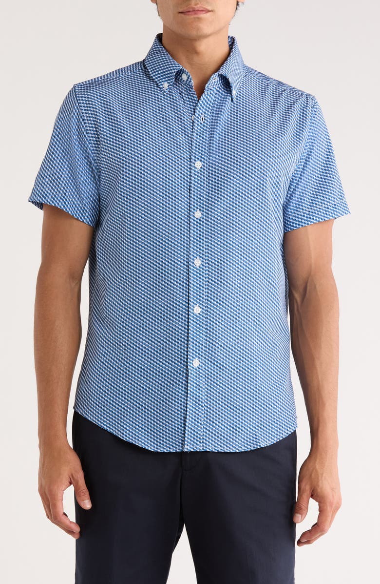 DENIM AND FLOWER Geometric Print Short Sleeve Button-Down Shirt, Main, color, Blue