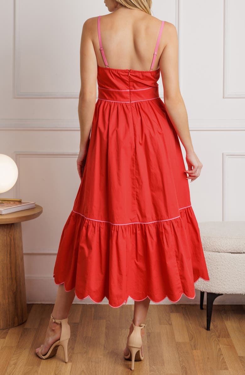 FLYING TOMATO Two-Tone Scalloped Fit & Flare Midi Sundress, Alternate, color, Red/ Pink