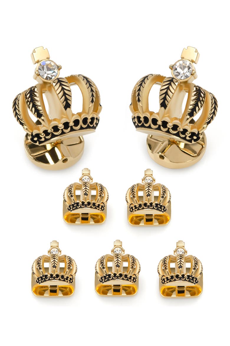 Vincent De Paul 3D Crown Gold Crystal Cuff Links & Stud Set, Main, color, GOLD