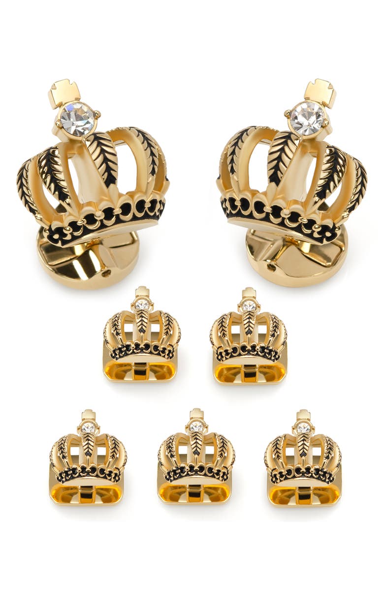 Cufflinks, Inc. Vincent De Paul 3D Crown Gold Crystal Cuff Links & Stud Set, Main, color, Gold