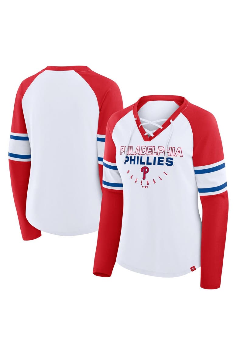 Women's Fanatics White/Red Philadelphia Phillies Blitz Package Raglan Lace-Up V-Neck Long Sleeve T-Shirt, Main, color, White