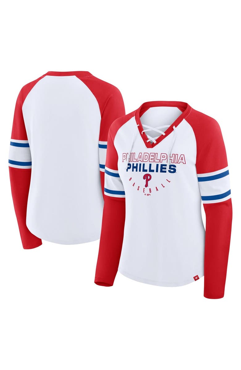 FANATICS Women's Fanatics White/Red Philadelphia Phillies Blitz Package Raglan Lace-Up V-Neck Long Sleeve T-Shirt, Main, color, White