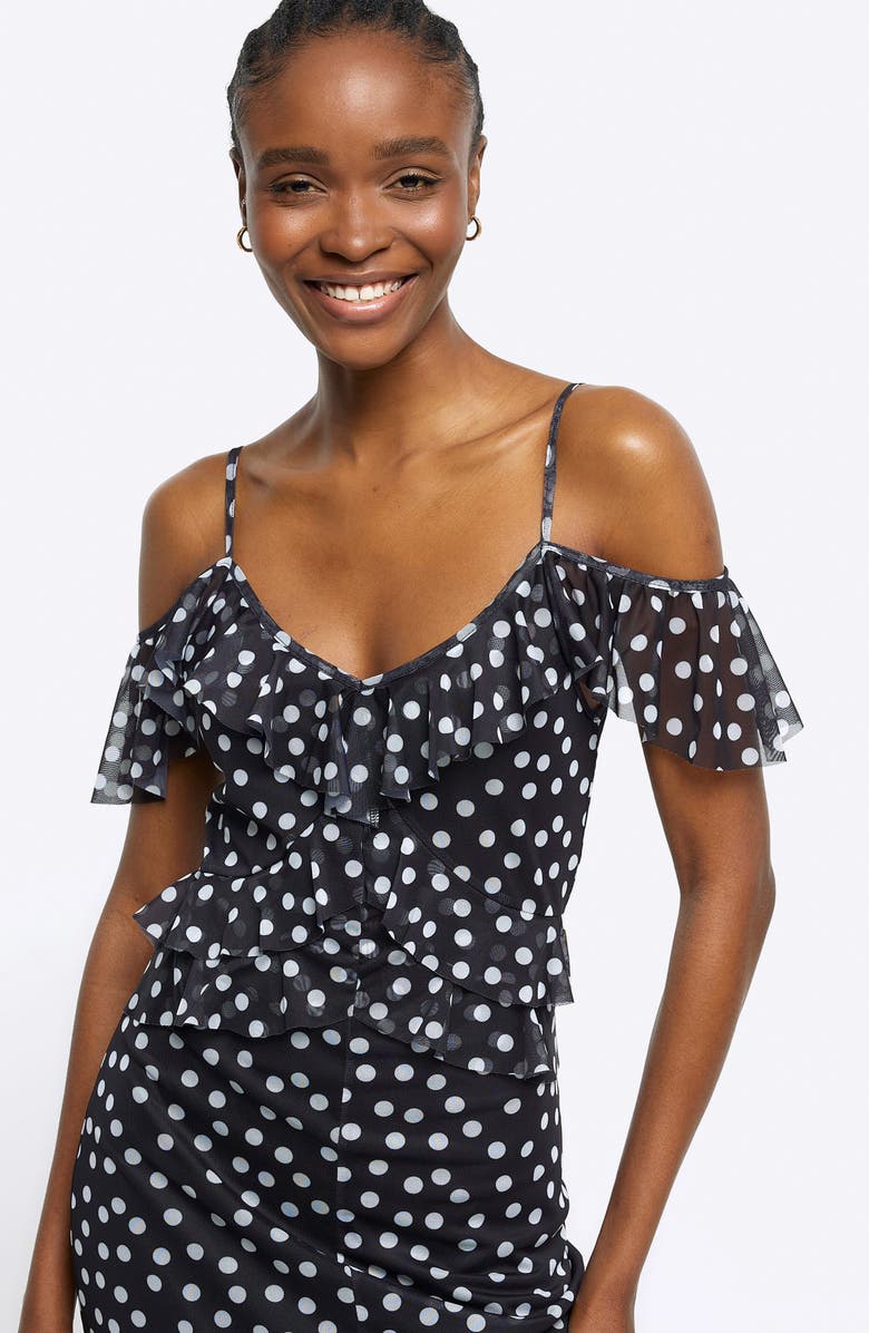 River Island Polka Dot Cold Shoulder Ruffle Midi Dress, Alternate, color, 