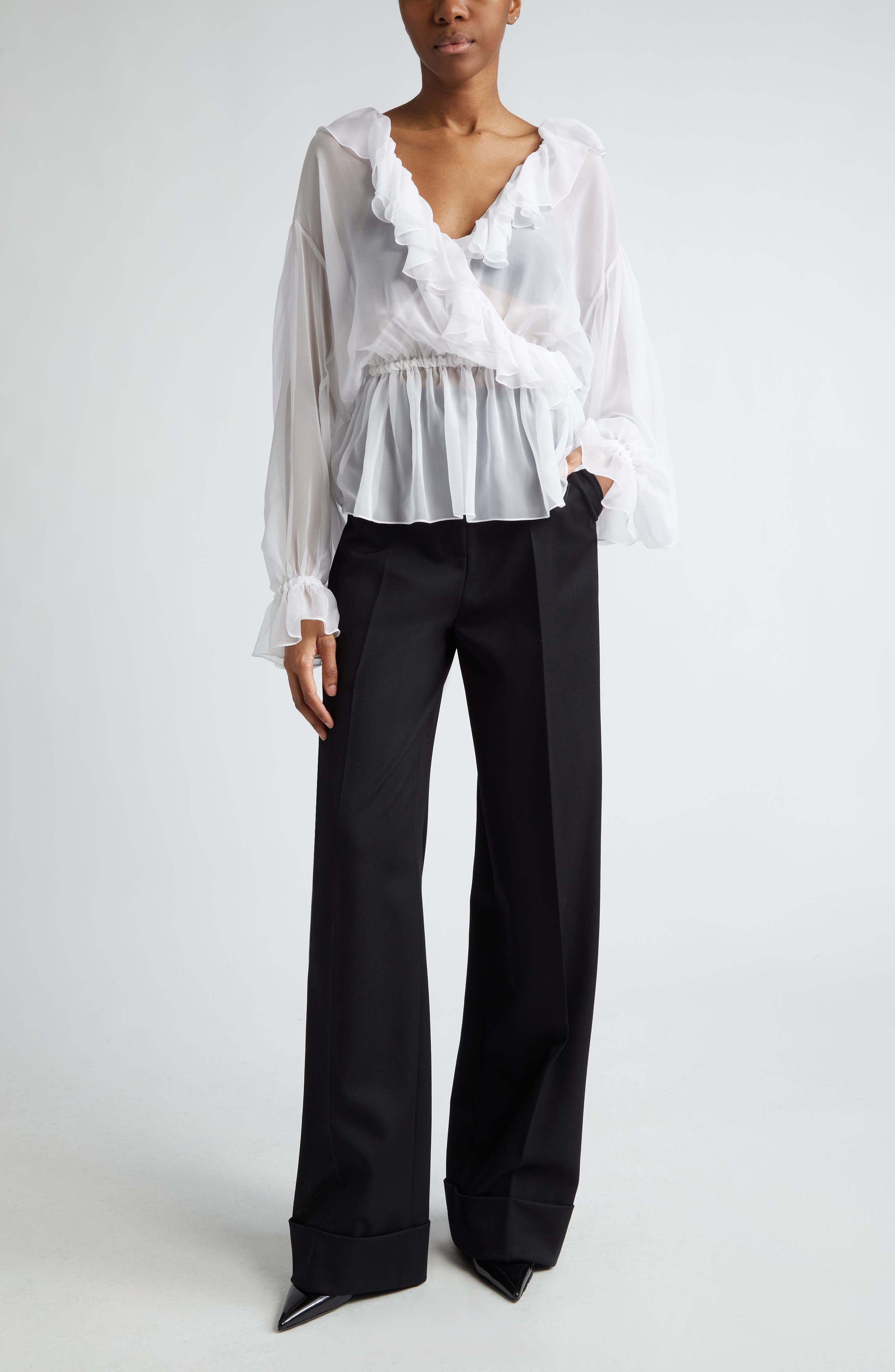 Ruffle Long Sleeve Silk Chiffon Top - image 2