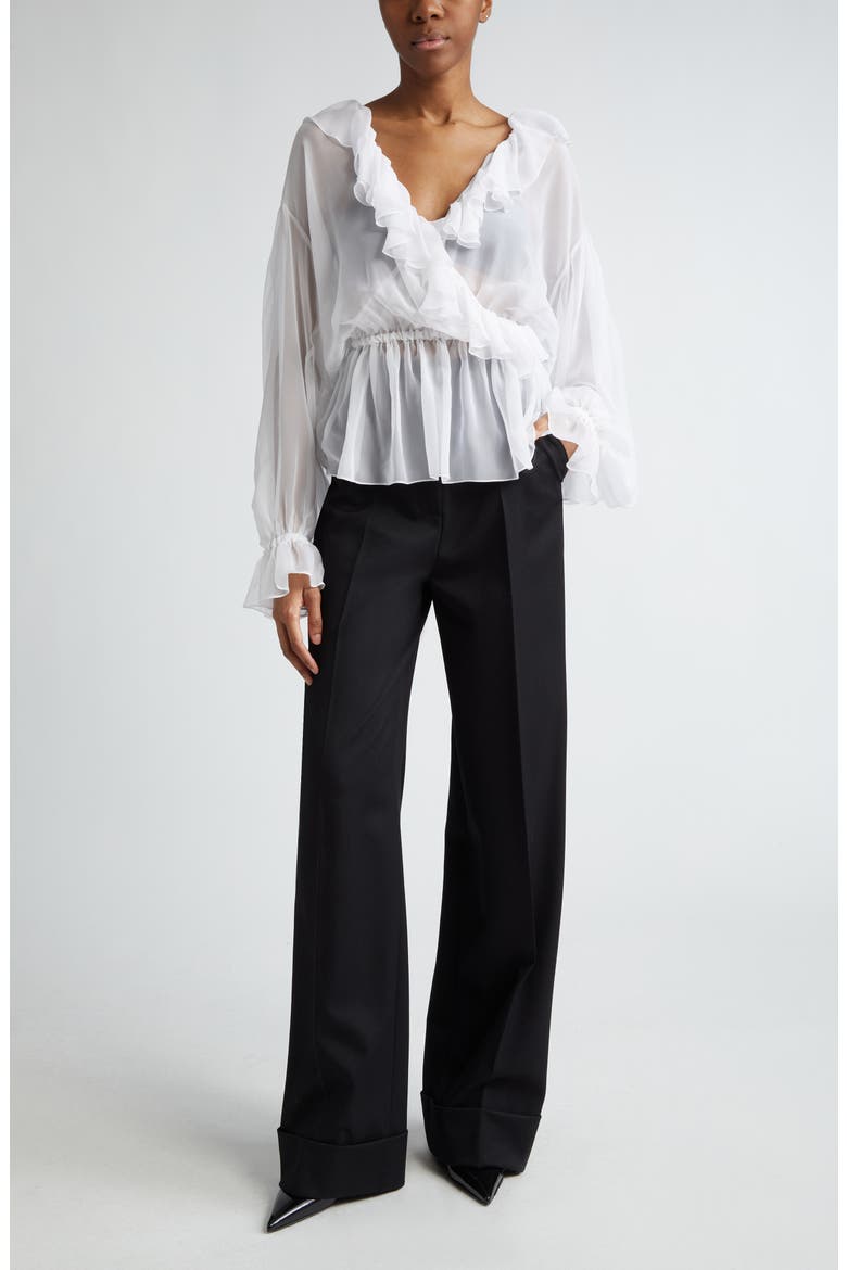 Ruffle Long Sleeve Silk Chiffon Top, Alternate, color, BIANCO OTTICO