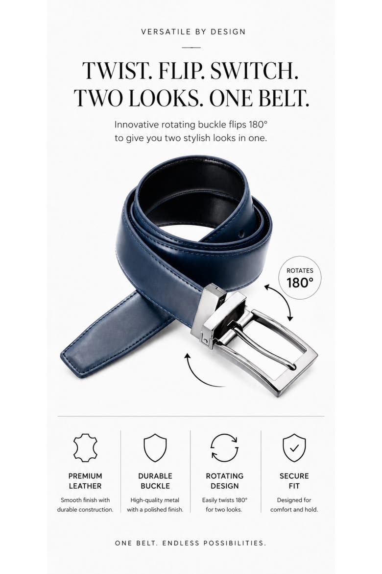 Reversible Leather Belt with Rotating Buckle, Alternate, color, Navy/Black