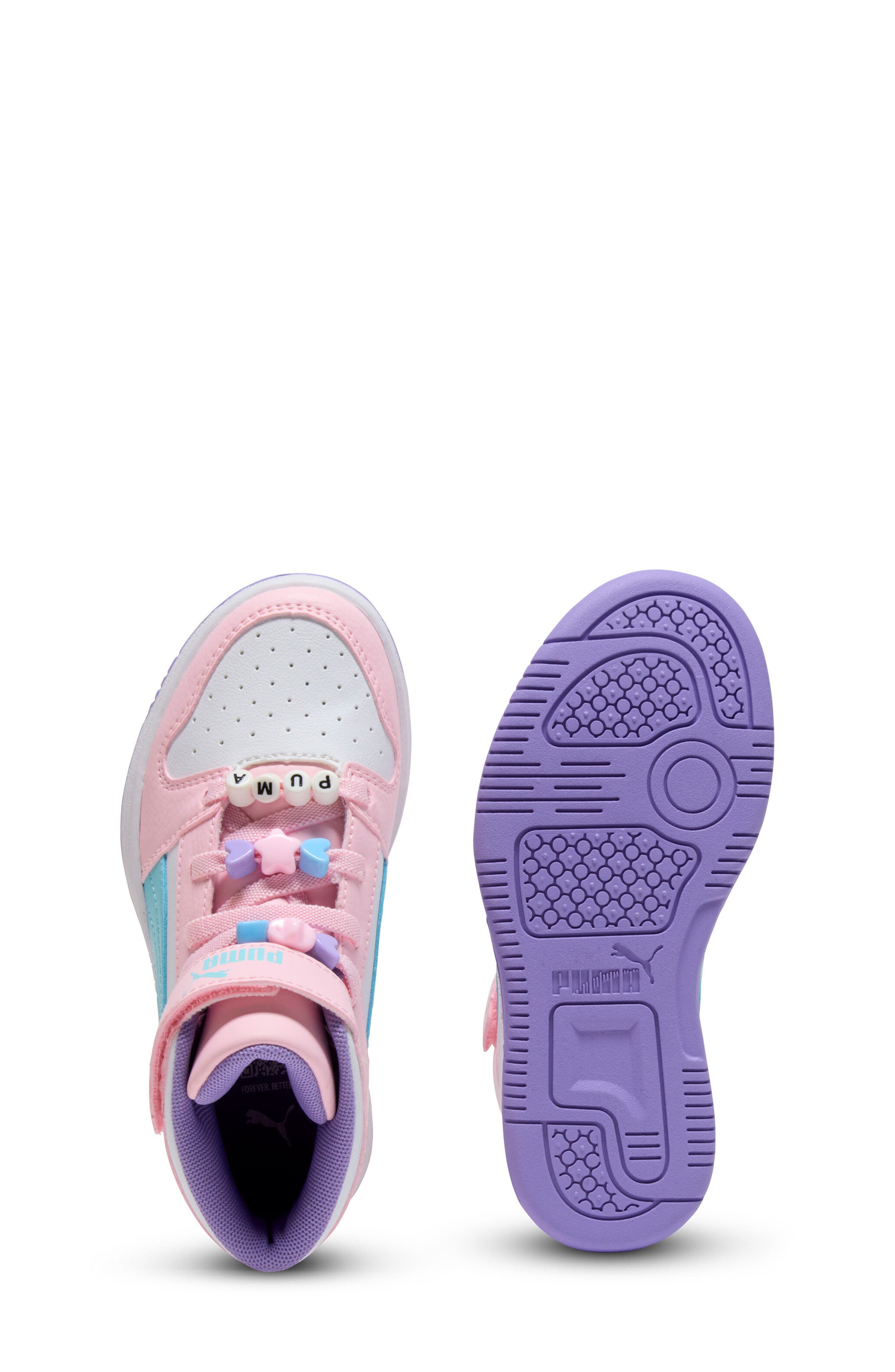 PUMA Kids' Rebound Layup High Top Sneaker, Alternate, color, Puma White/ Pink/ Aqua
