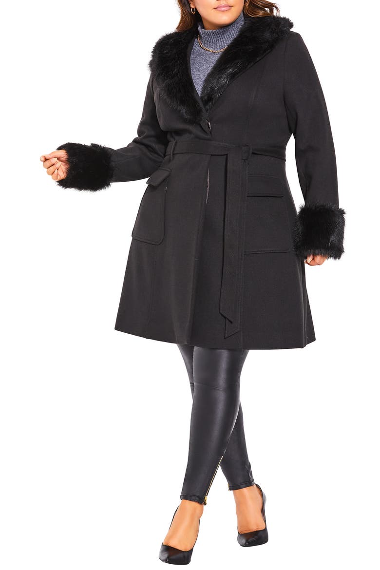 Blushing Belle Twill Coat with Faux Fur Collar, Main, color, BLACK