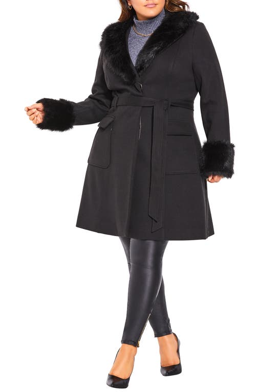 City Chic Blushing Belle Twill Coat With Faux Fur Collar In Black