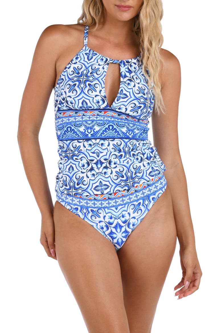 Alboran High Neck Keyhole Tankini, Main, color, BLUE