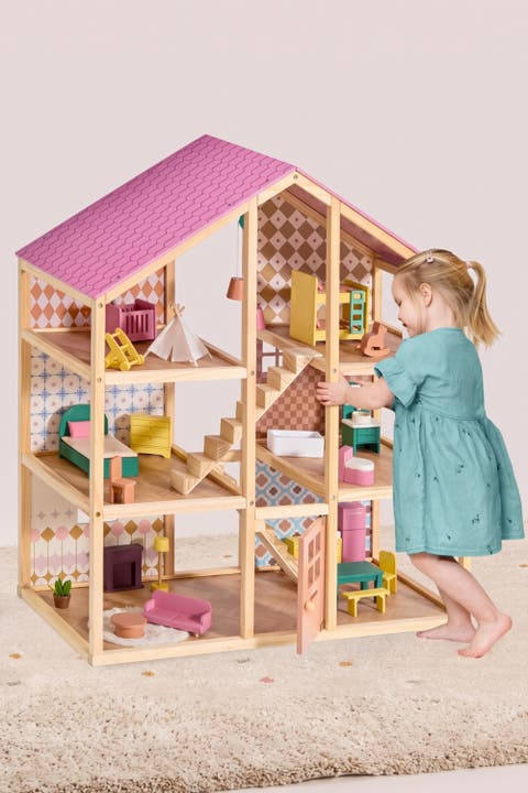 6 Room Wooden Dollhouse Set with 31 Piece Furniture for Kids