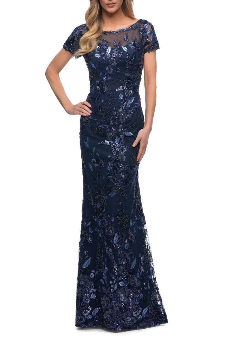 La Femme Long Beaded Lace Dress with Sheer Neckline, Alternate, color, Navy